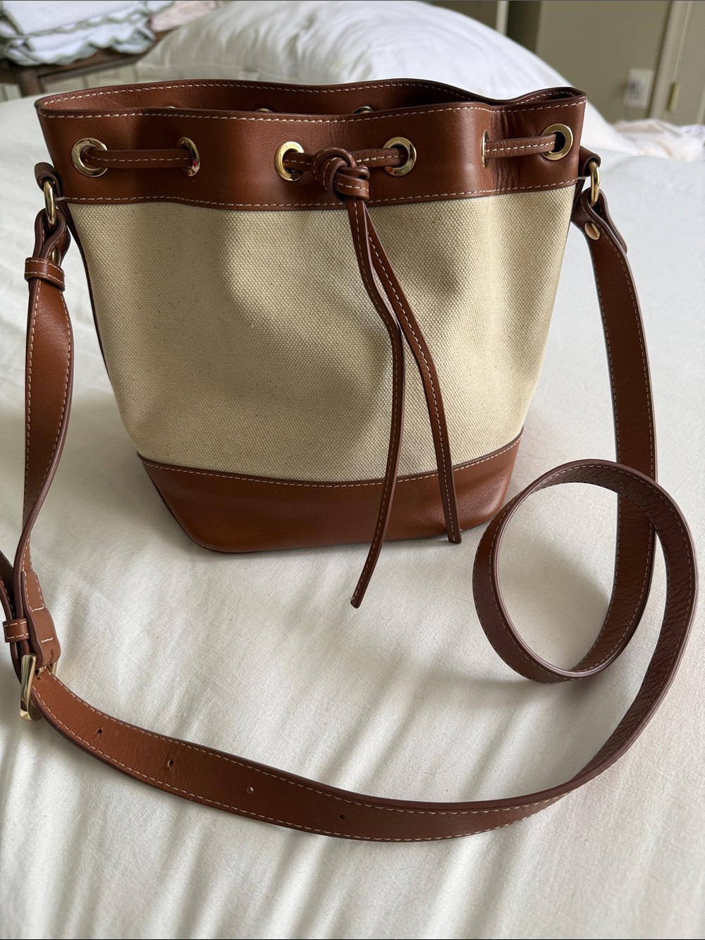 Vineyard Vines Cream Canvas and Brown Leather Bucket Crossbody